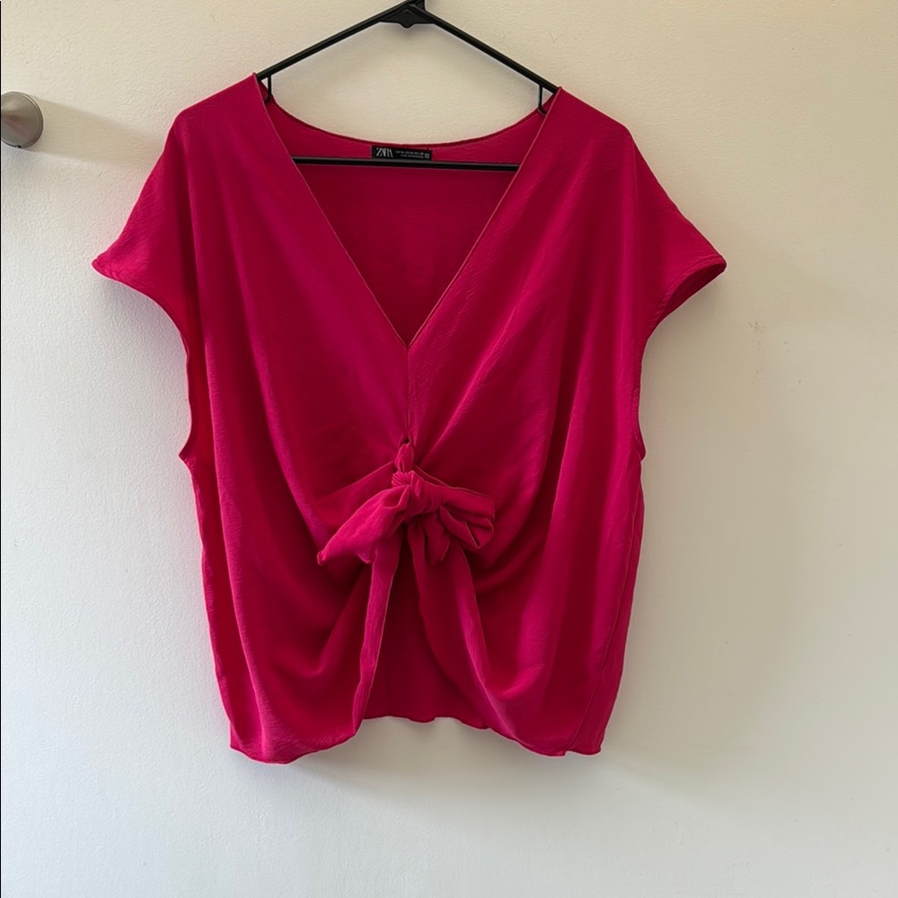 Zara Pink Cap Sleeve Tie Front Blouse